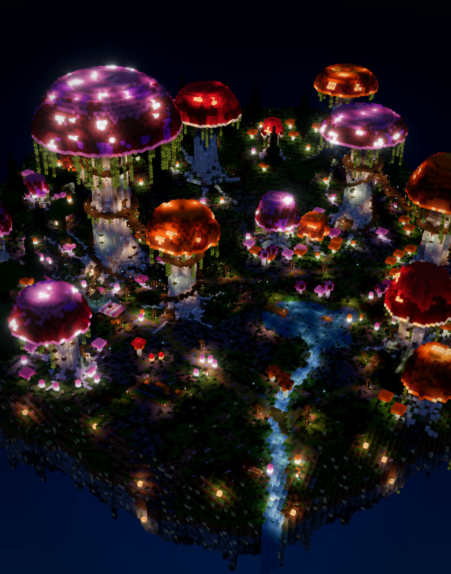 Night shader render of a floating village living inside giant glowing pink, red and orange mushrooms, built with Moxel Worlds