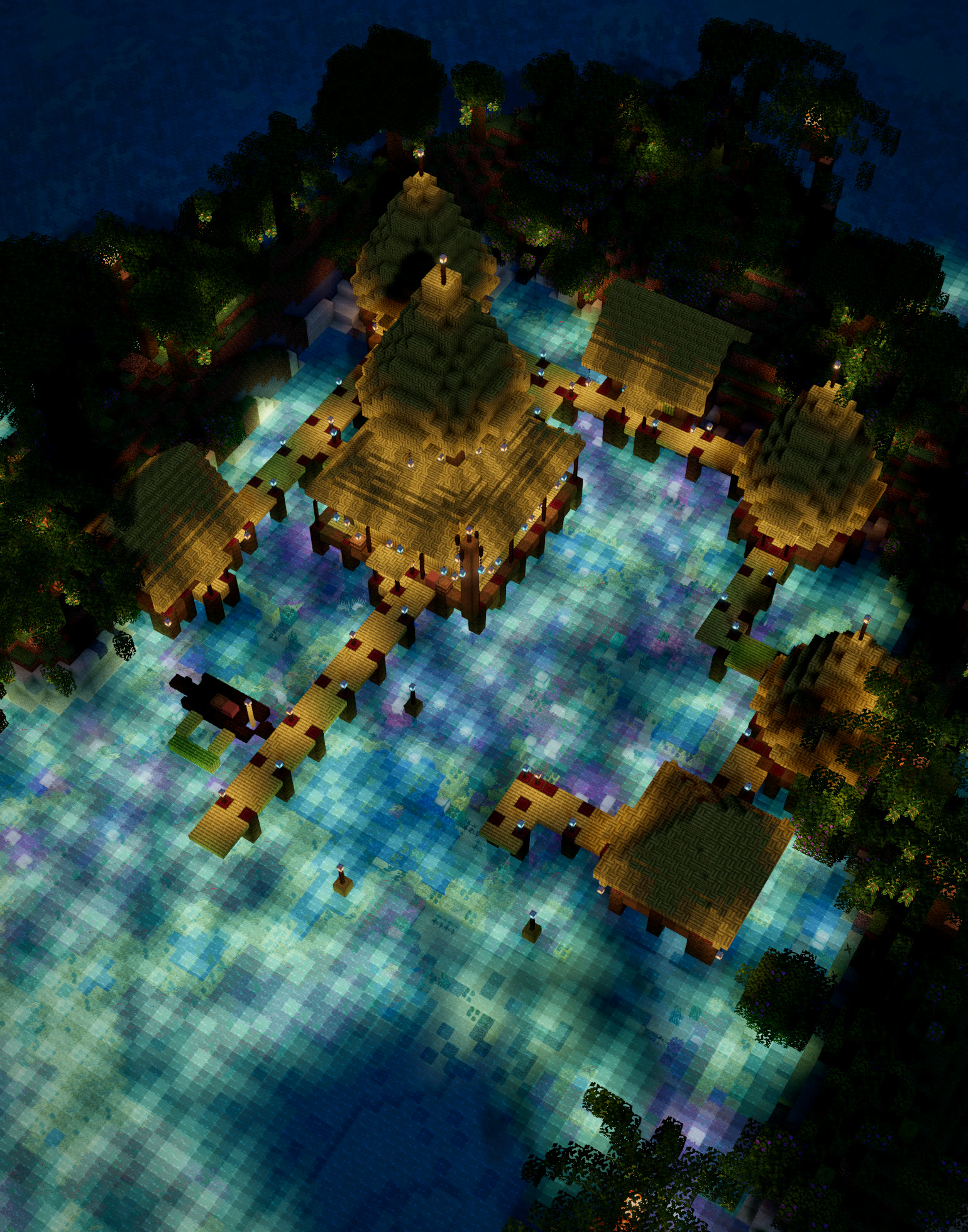 Night shader render of a stilt village over a lagoon glowing turquoise and violet from the reef below, built with Moxel Worlds