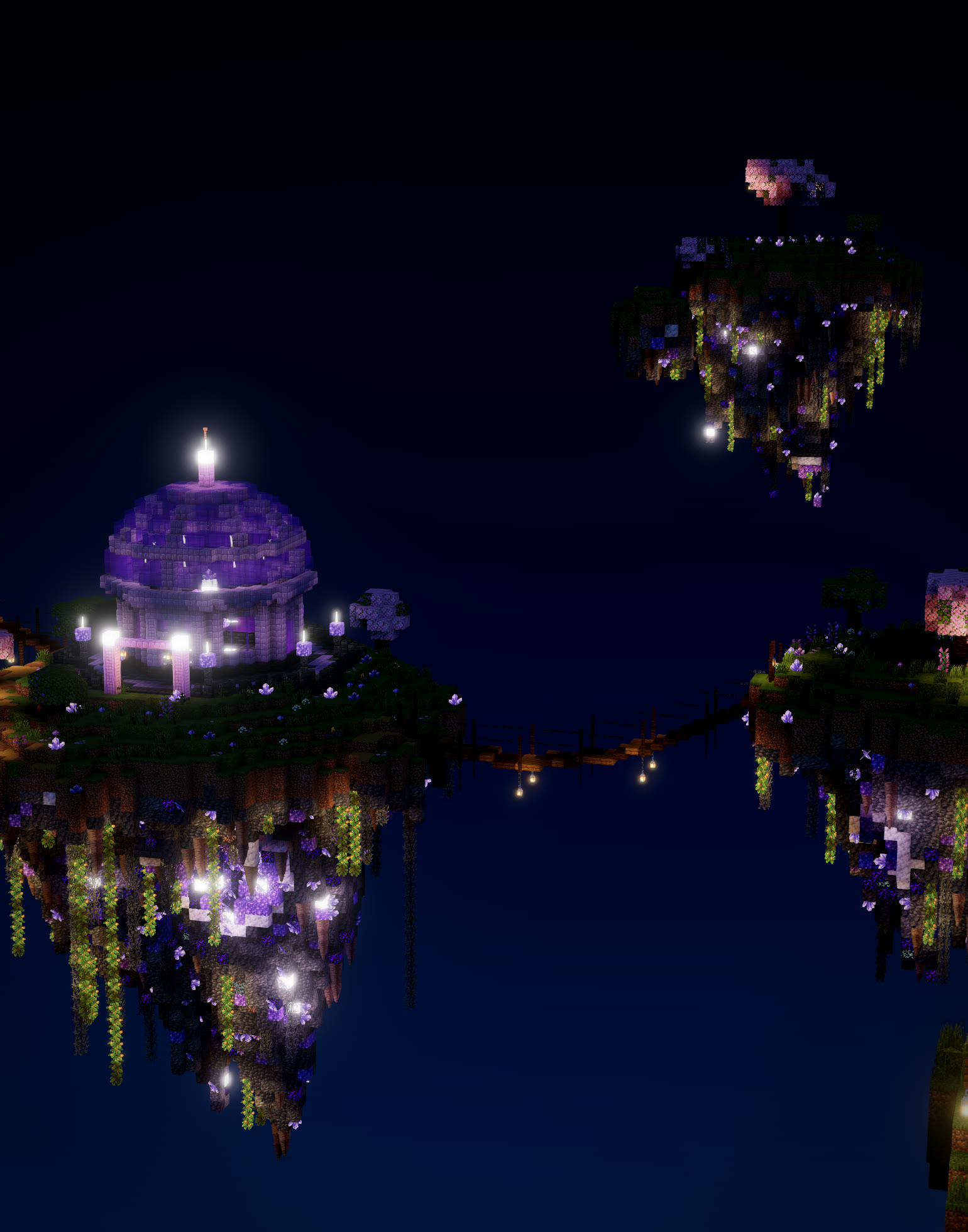 Night shader render of floating islands with a violet glass-domed observatory and glowing amethyst geodes, built with Moxel Worlds