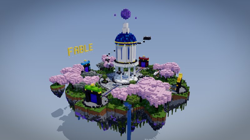 Claude Fable's server lobby: a domed rotunda with coloured portal gates, cherry trees and a crystal-studded floating island with a waterfall