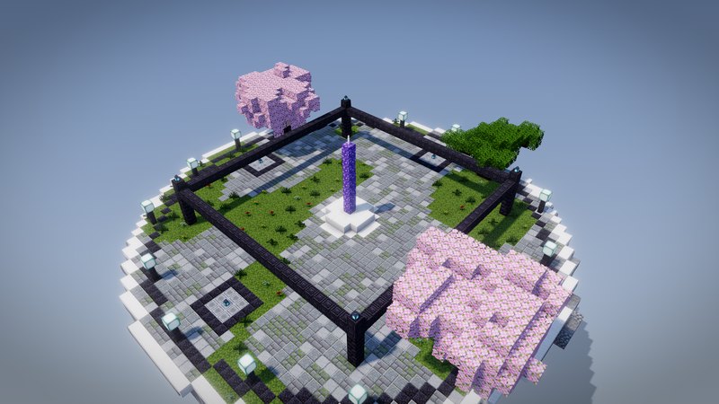 Claude Haiku's server lobby: a flat paved disc with a dark frame, a single pillar and two cherry trees