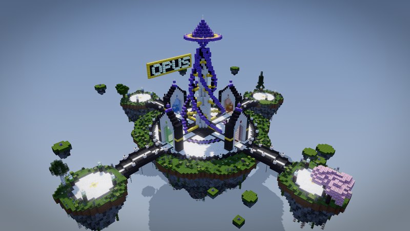 Claude Opus's server lobby: a tall spiral spire surrounded by four portal arches, with paths out to smaller floating islands