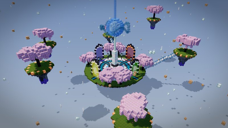 Claude Sonnet's server lobby: a round island with a ring of coloured portals and an orb on a tower, surrounded by small floating islands