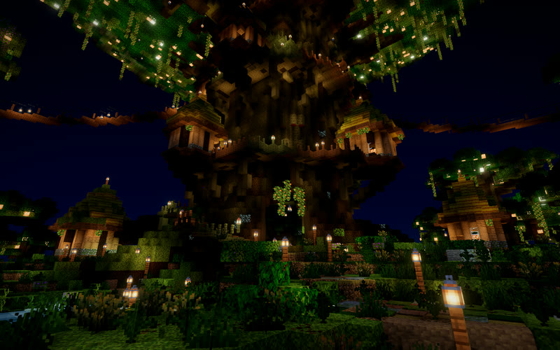 Among the roots of a colossal tree at night: thatched huts, a glowing berry curtain over the trunk door and lantern posts