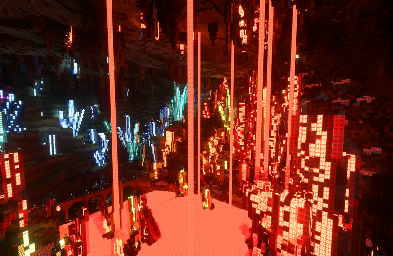 In-game screenshot: a vast underground cavern of glowing red and blue crystal spires