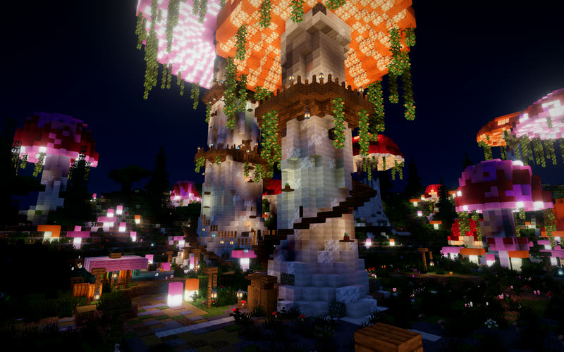 Glowshroom Hollow's mushroom tower rendered with the night preset: glowing caps, lanterns and berries