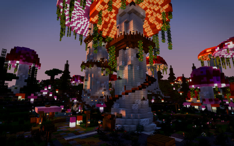 Glowshroom Hollow's mushroom tower rendered with the sunset preset: a purple sky and orange light