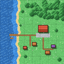 A pixel-art top-down plan: sea and a dock on the west, a beach, an old forest along the north, a road from the harbour to the town hall, a few houses