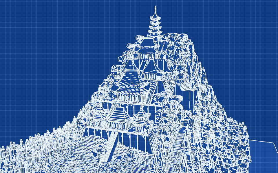 The same build rendered in the blueprint style